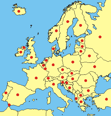 European Map - Clicking the red dots for choice of a Country or choice the text-links outside the map